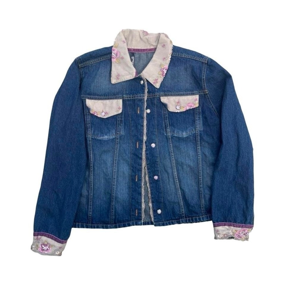 Vintage Blue denim jacket with khaki pink floral embroidery